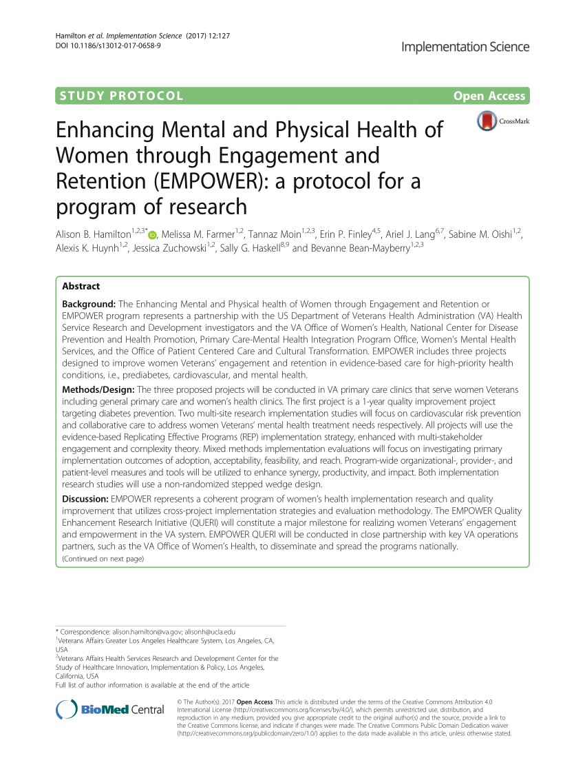PDF) Enhancing Mental and Physical Health of Women through Engagement and  Retention (EMPOWER): A protocol for a program of research