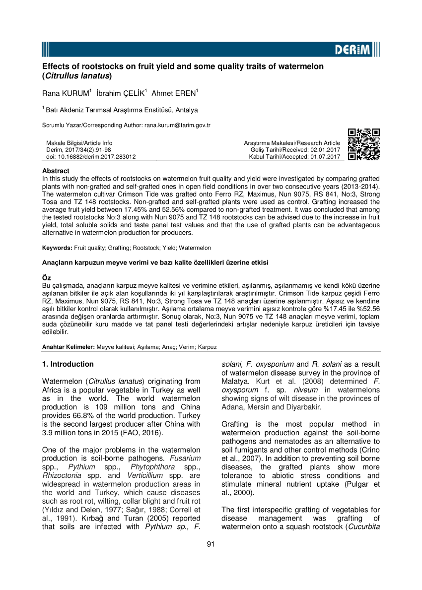 Pdf Effects Of Rootstocks On Fruit Yield And Some Quality Traits Of Watermelon Citrullus Lanatus