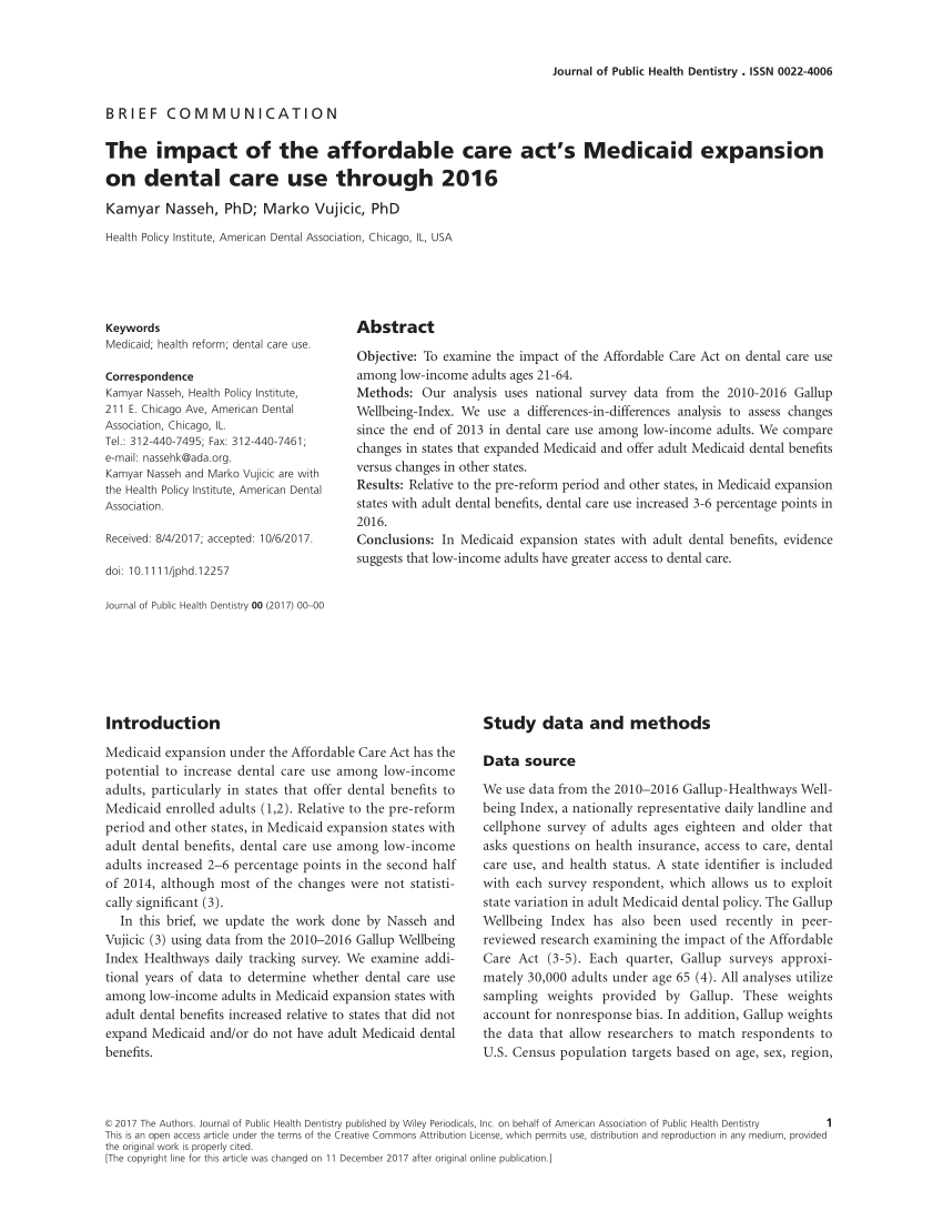 Pdf The Impact Of The Affordable Care Act S Medicaid Expansion On Dental Care Use Through 2016 Adult Dental Care Use And Medicaid Expansion
