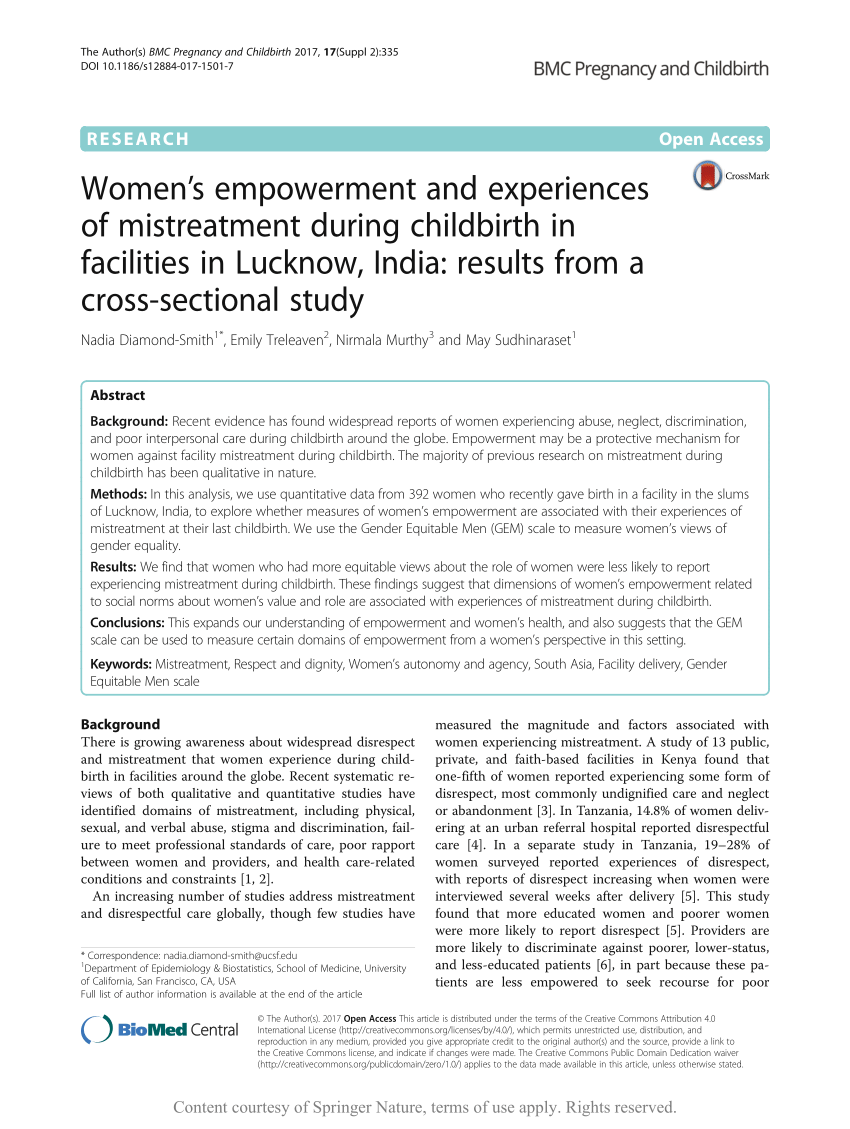 PDF) Womens empowerment and experiences of mistreatment during childbirth in facilities in Lucknow, India Results from a cross-sectional study photo