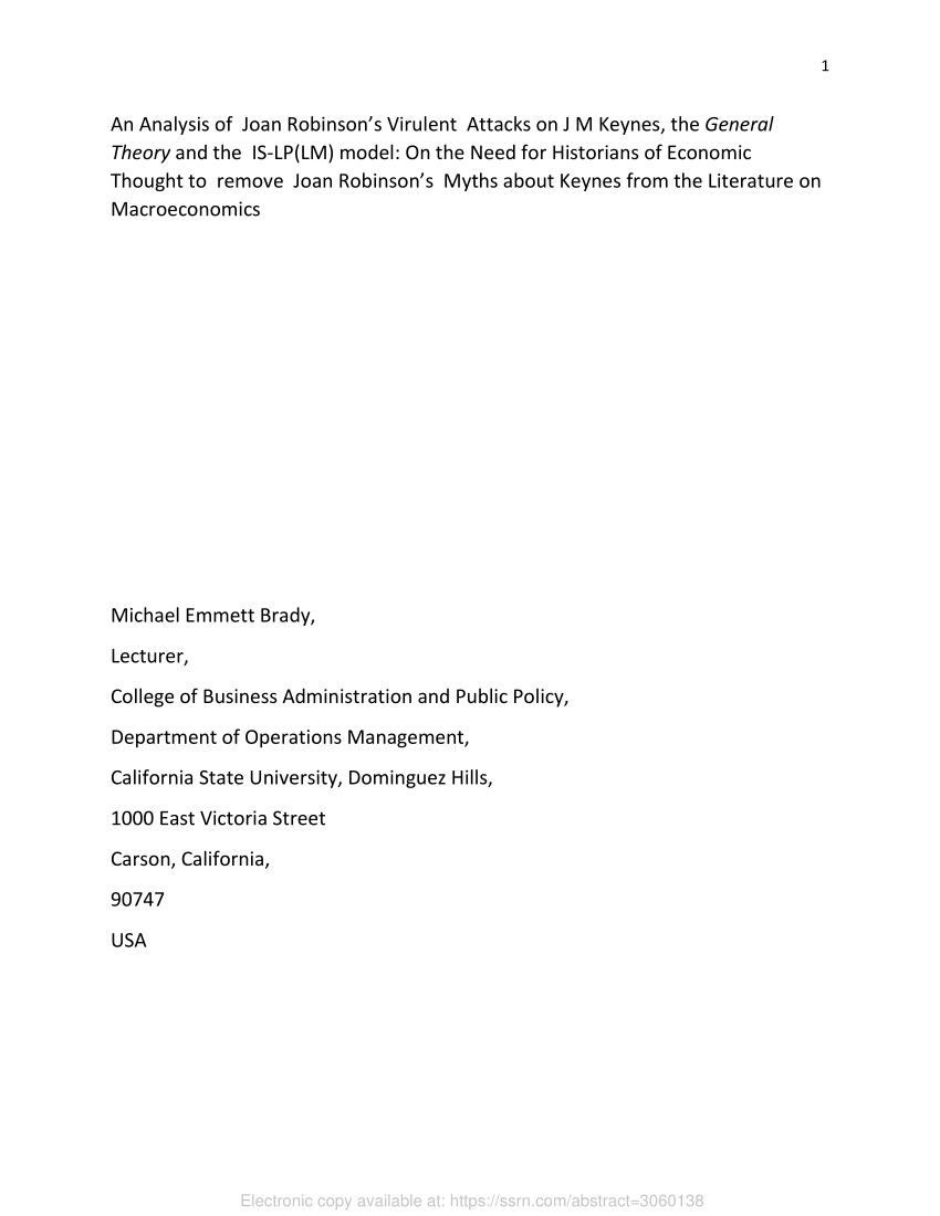 Pdf An Analysis Of Joan Robinson S Virulent Attacks On J M Keynes The General Theory And The Is Lp Lm Model On The Need For Historians Of Economic Thought To Remove Joan Robinson S Myths