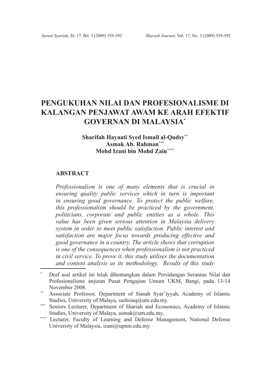 Pdf Pengukuhan Nilai Dan Profesionalisme Di Kalangan Penjawat Awam Ke Arah Efektif Governan Di Malaysia Mohd Izani Bin Mohd Zain