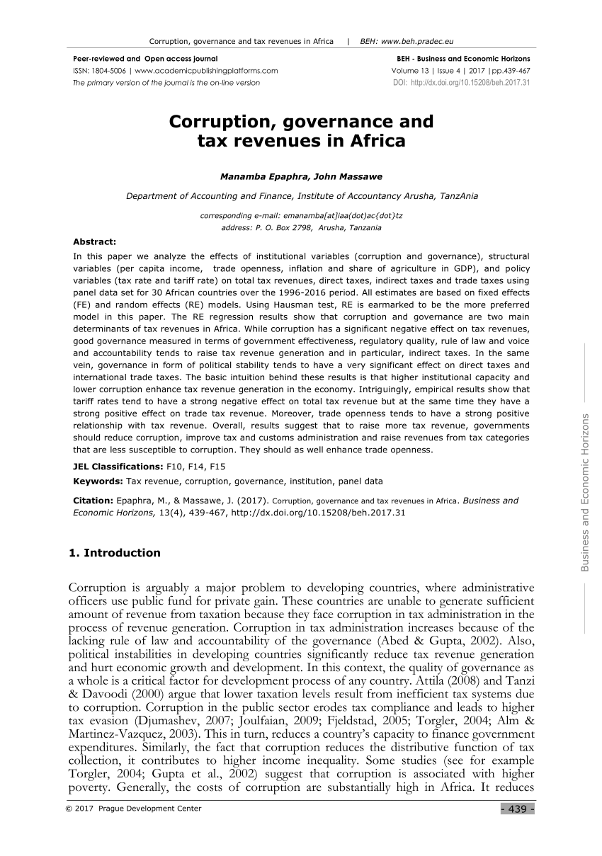 Pdf Corruption Governance And Tax Revenues In Africa