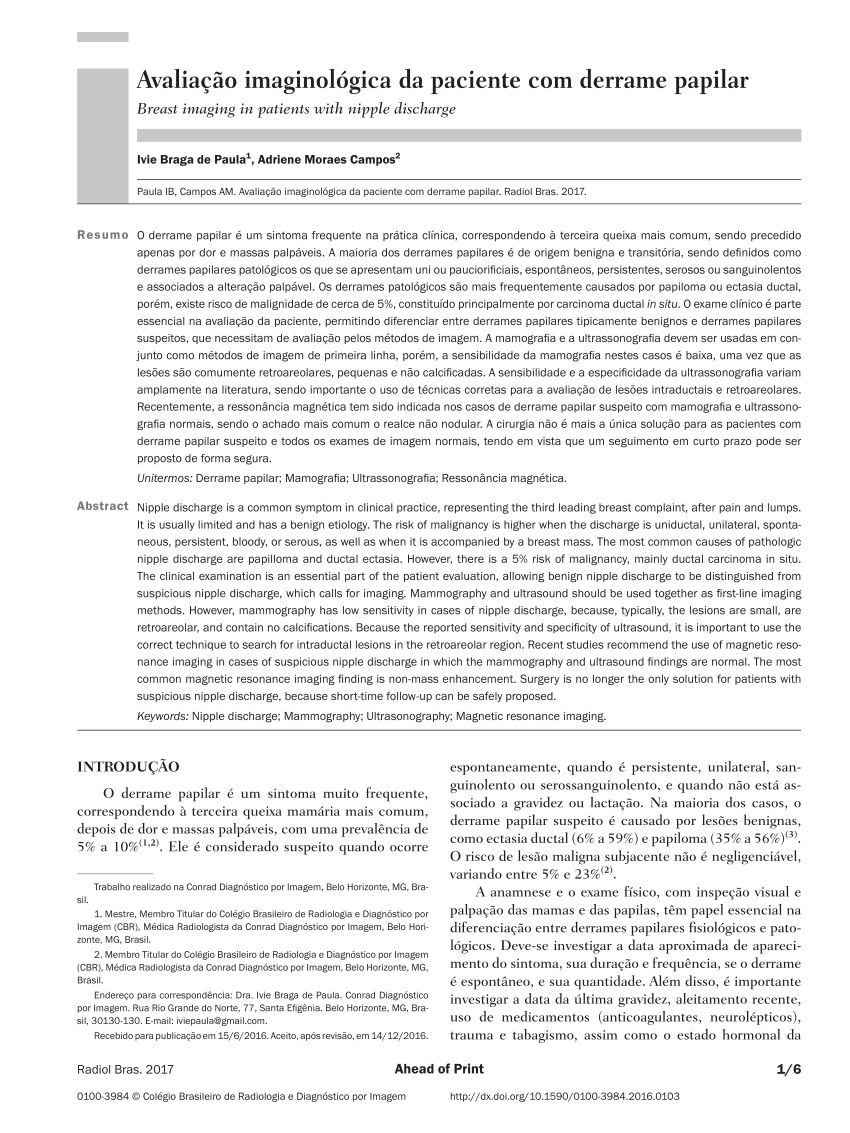 SciELO - Brasil - Breast imaging in patients with nipple discharge Breast  imaging in patients with nipple discharge