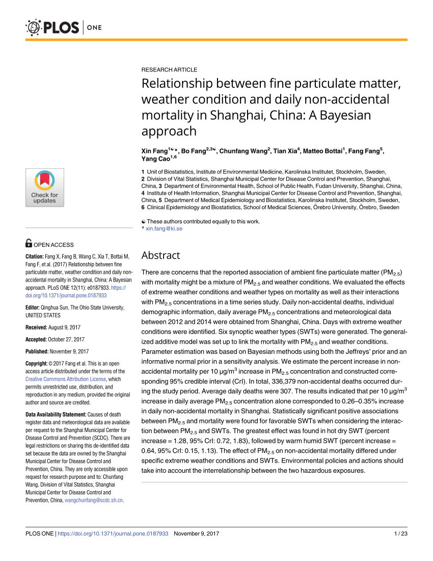 PDF) Relationship between fine particulate matter, weather condition and  daily non-accidental mortality in Shanghai, China: A Bayesian approach