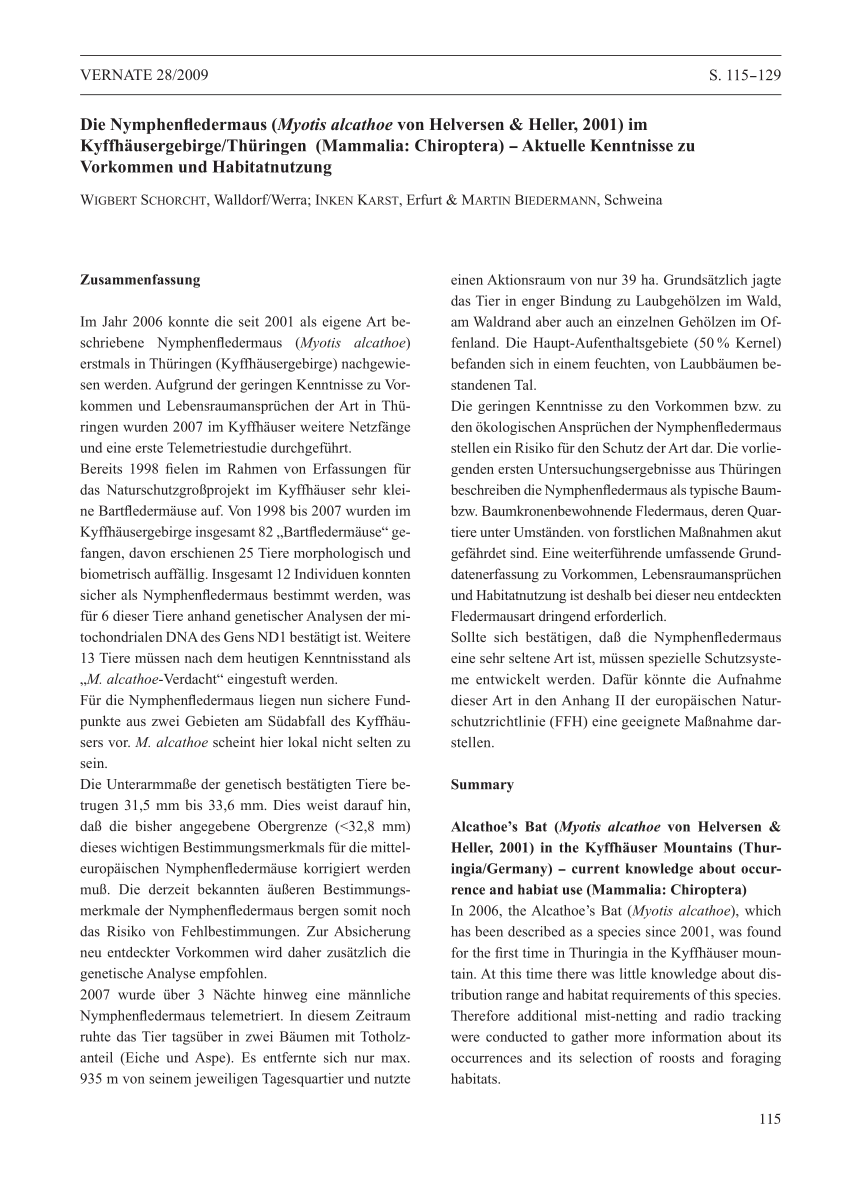 PDF) Die Nymphenfledermaus (Myotis alcathoevon Helversen and Heller, 2001) im Kyffhäusergebirge/Thüringen (Mammalia Chiroptera) -Aktuelle Kenntnisse zu Vorkommen und Habitatnutzung VERNATE 28-2009 image