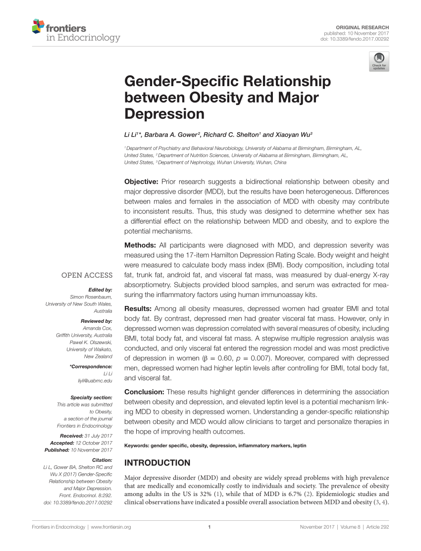 Pdf Gender Specific Relationship Between Obesity And Major Depression