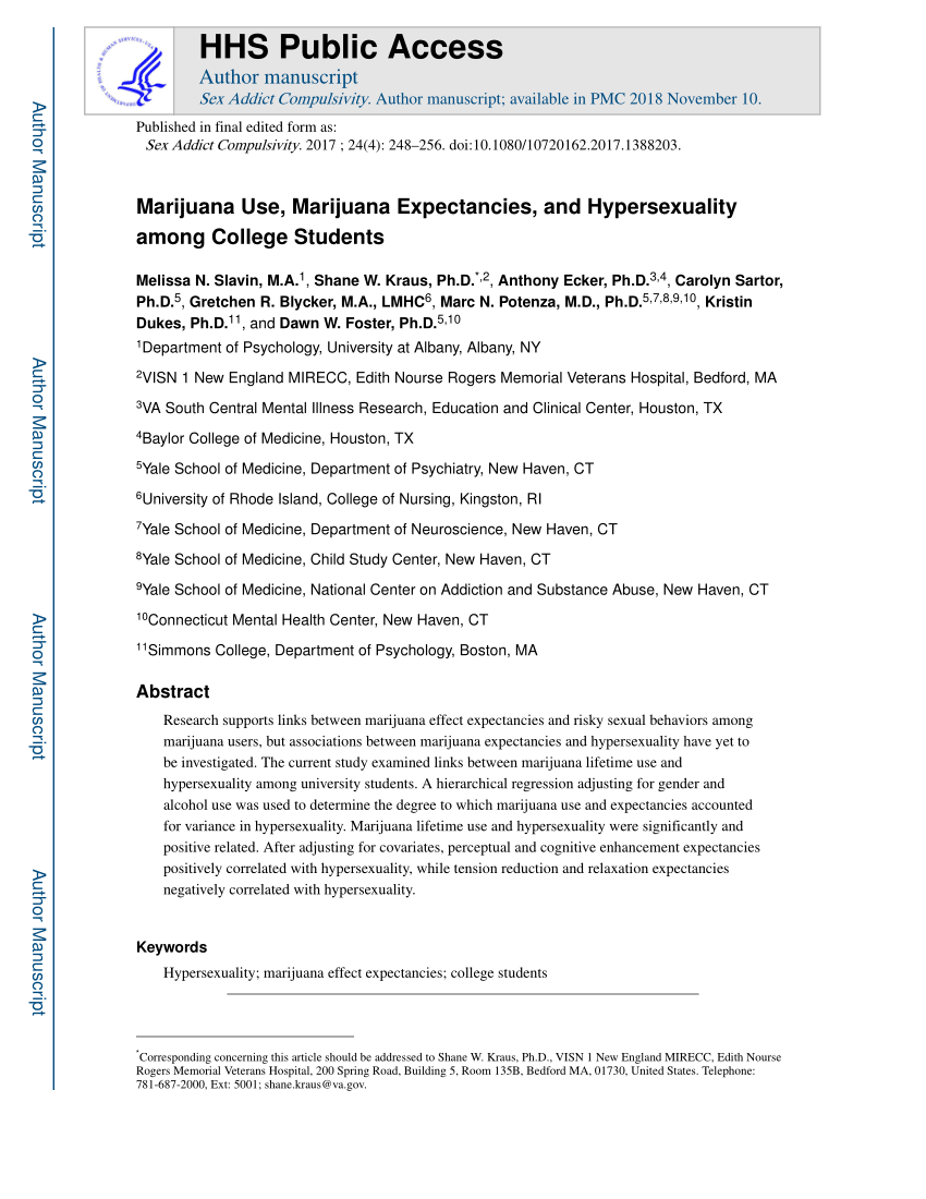 PDF) Marijuana Use, Marijuana Expectancies, and Hypersexuality among  College Students