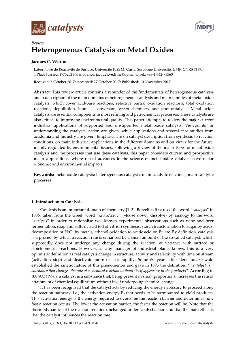 Pdf Heterogeneous Catalysis On Metal Oxides