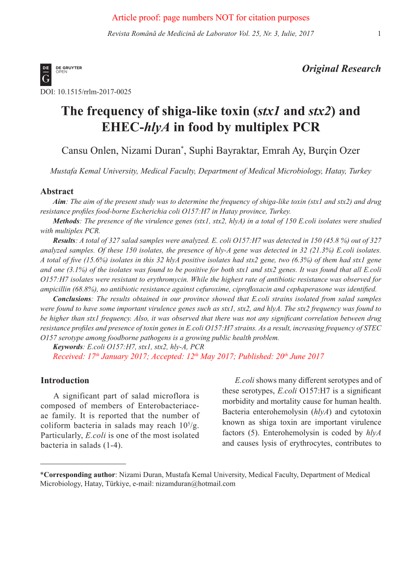 Pdf The Frequency Of Shiga Like Toxin Stx1 And Stx2 And Ehec Hlya In Food By Multiplex Pcr