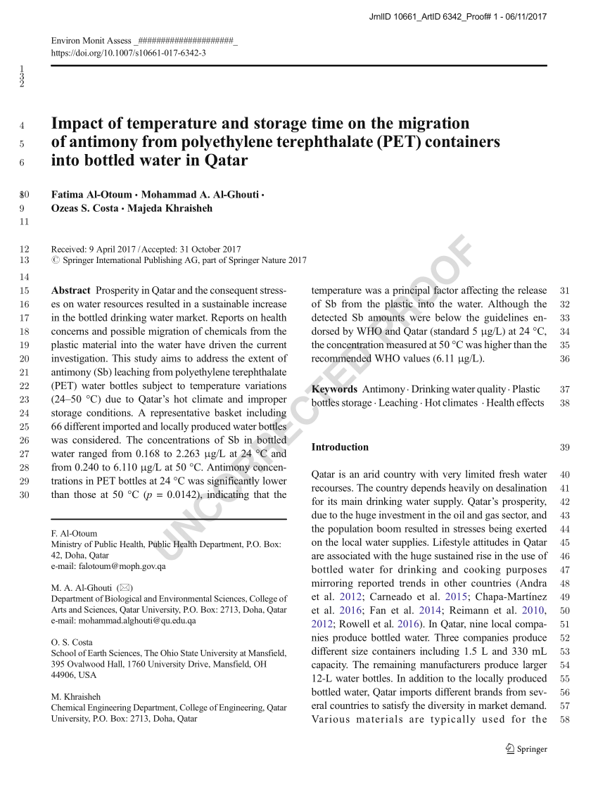 Pdf Impact Of Temperature And Storage Time On The Migration Of Antimony From Polyethylene Terephthalate Pet Containers Into Bottled Water In Qatar