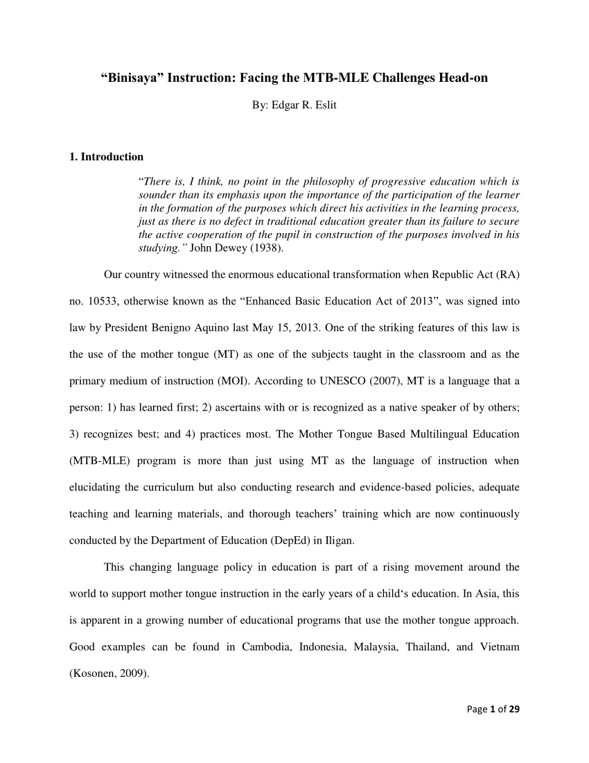 PDF) u201cBinisayau201d Instruction: Facing the MTB-MLE Challenges Head-on