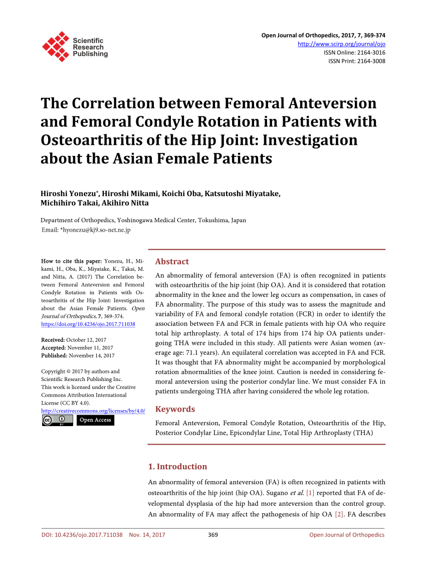 Pdf The Correlation Between Femoral Anteversion And Femoral Condyle Rotation In Patients With Osteoarthritis Of The Hip Joint Investigation About The Asian Female Patients