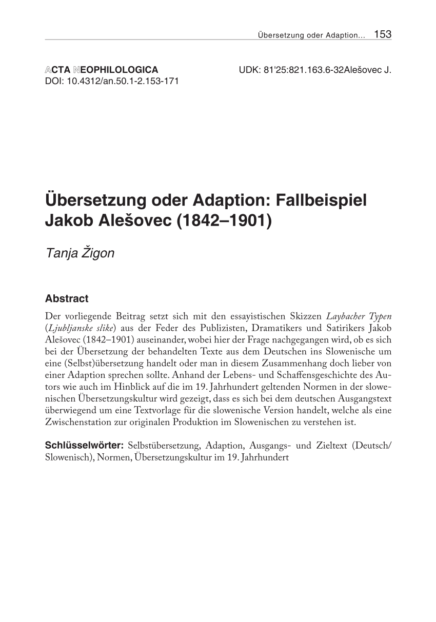 PDF übersetzung oder Adaption Fallbeispiel Jakob AleÅ¡ovec 1842–1901