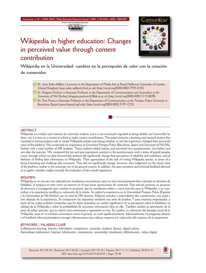 PDF) Wikipedia in higher education: Changes in perceived value through  content contribution
