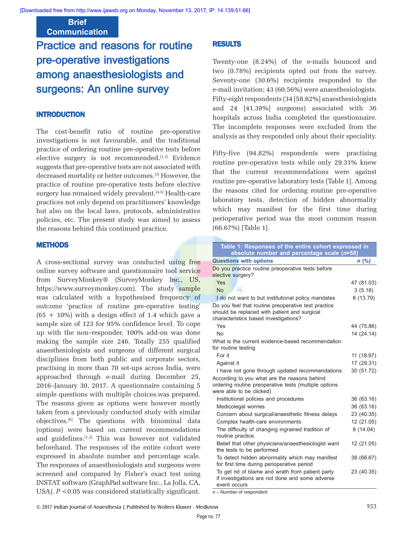 Pdf Practice And Reasons For Routine Pre Operative Investigations Among Anaesthesiologists And 6560