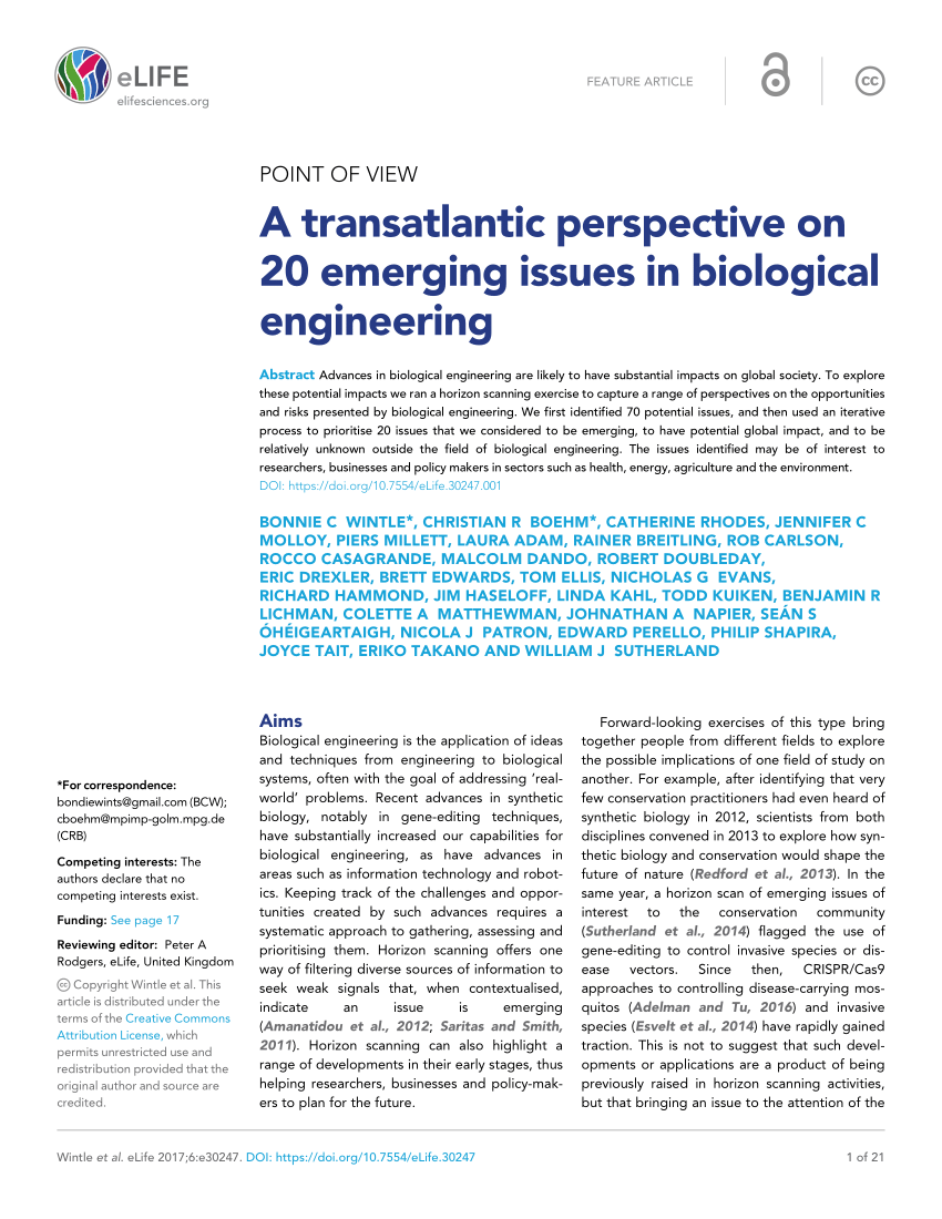 PDF) A transatlantic perspective on 20 emerging issues in biological engineering
