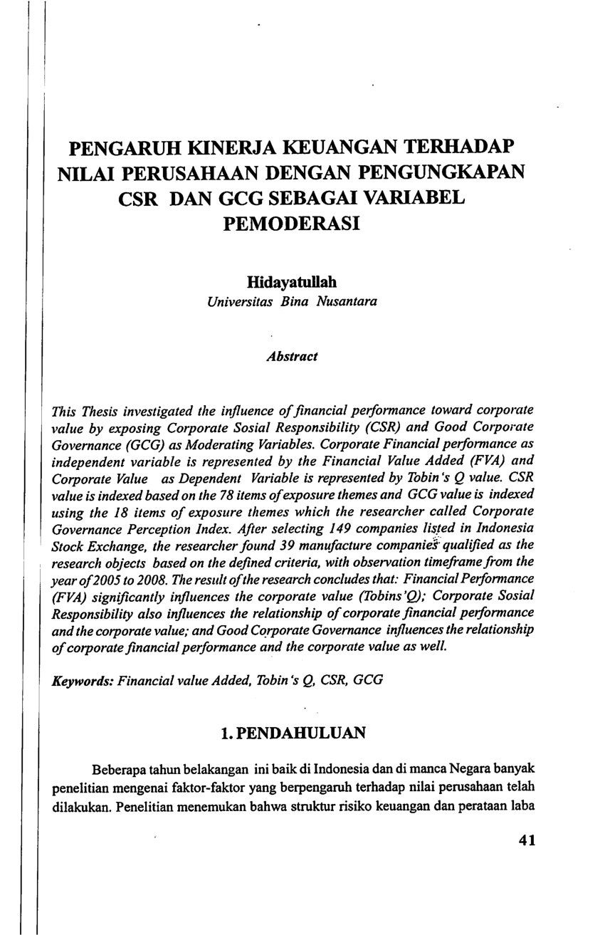 Pdf Pengaruh Kinerja Keuangan Terhadap Nilai Perusahaan Dengan Pengungkapan Csr Dan Gcg 6825