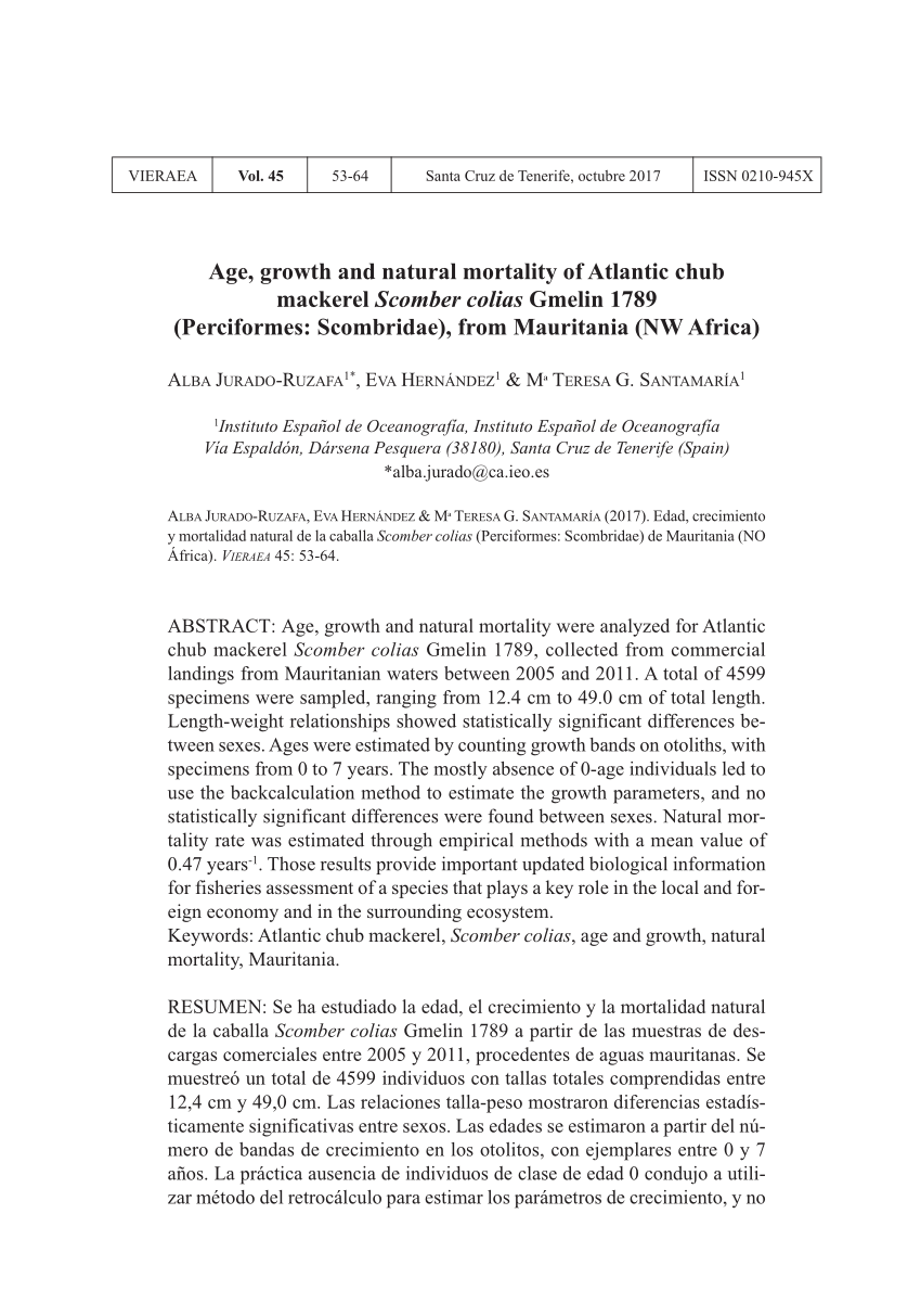 PDF) Age, growth and natural mortality of Atlantic chub mackerel Scomber  colias Gmelin 1789 (Perciformes: Scombridae), from Mauritania (NW Africa)