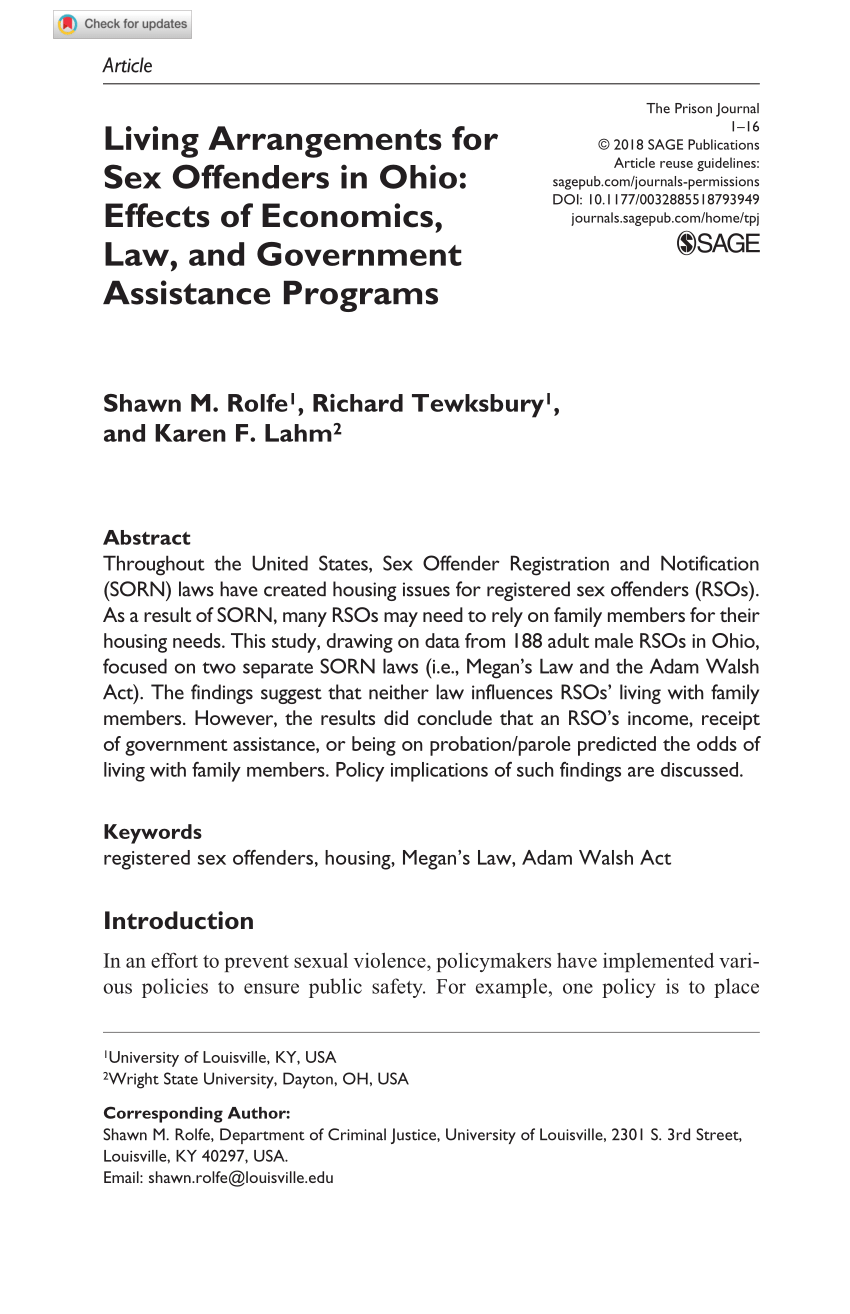 PDF) Living Arrangements for Sex Offenders in Ohio: Effects of Economics,  Law, and Government Assistance Programs