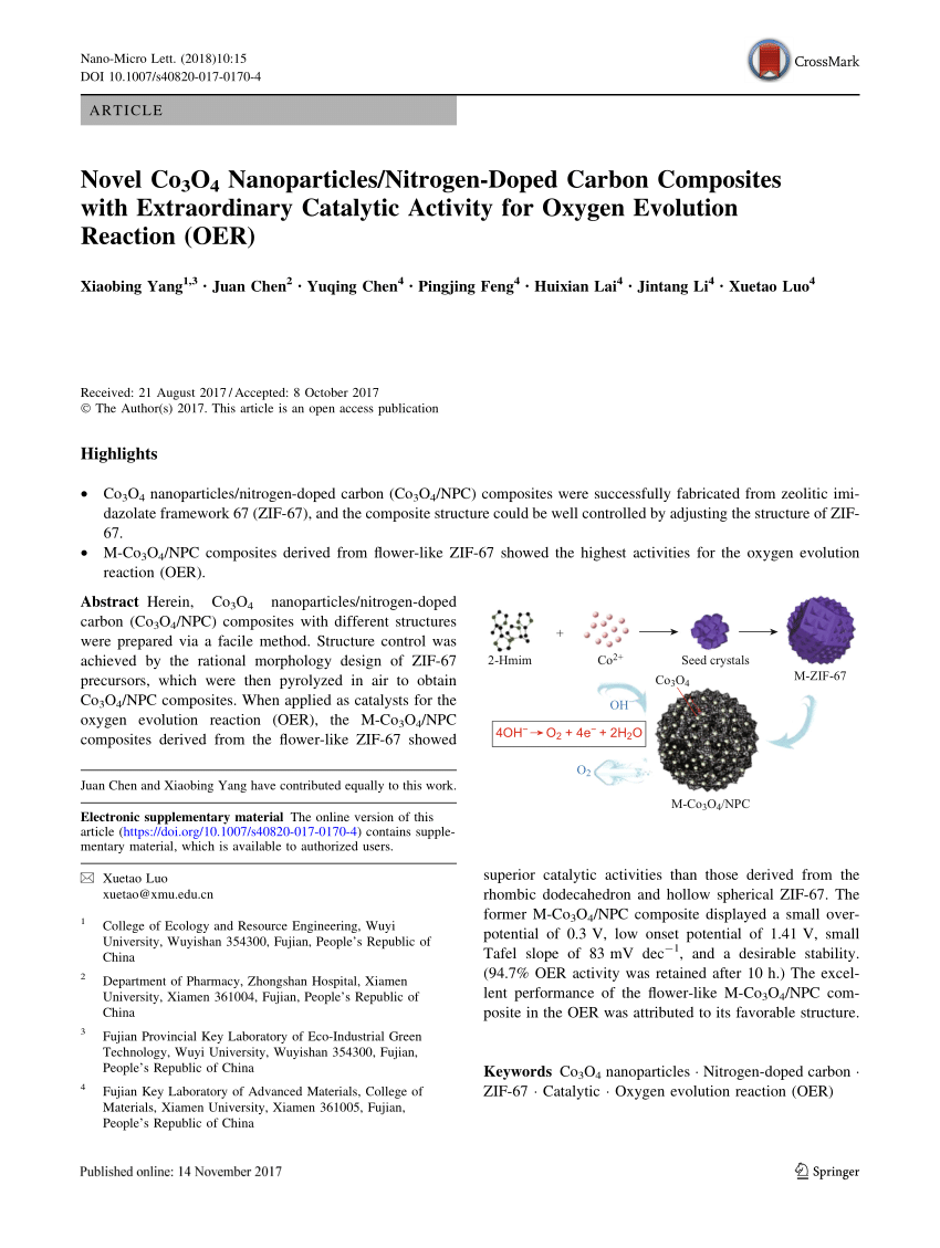 Pdf Novel Co3o4 Nanoparticles Nitrogen Doped Carbon Composites With Extraordinary Catalytic Activity For Oxygen Evolution Reaction Oer