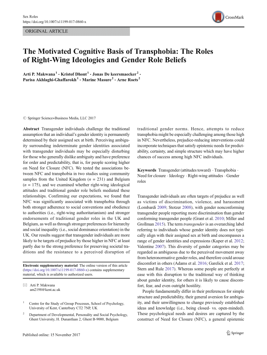 Pdf The Motivated Cognitive Basis Of Transphobia The
