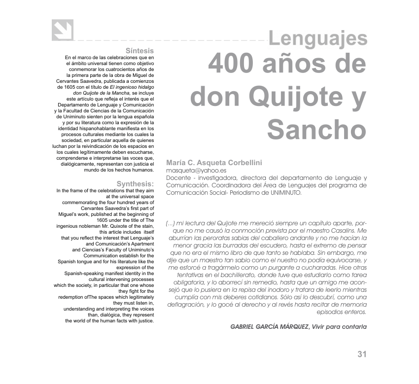 Pdf 400 Anos De Don Quijote Y Sancho