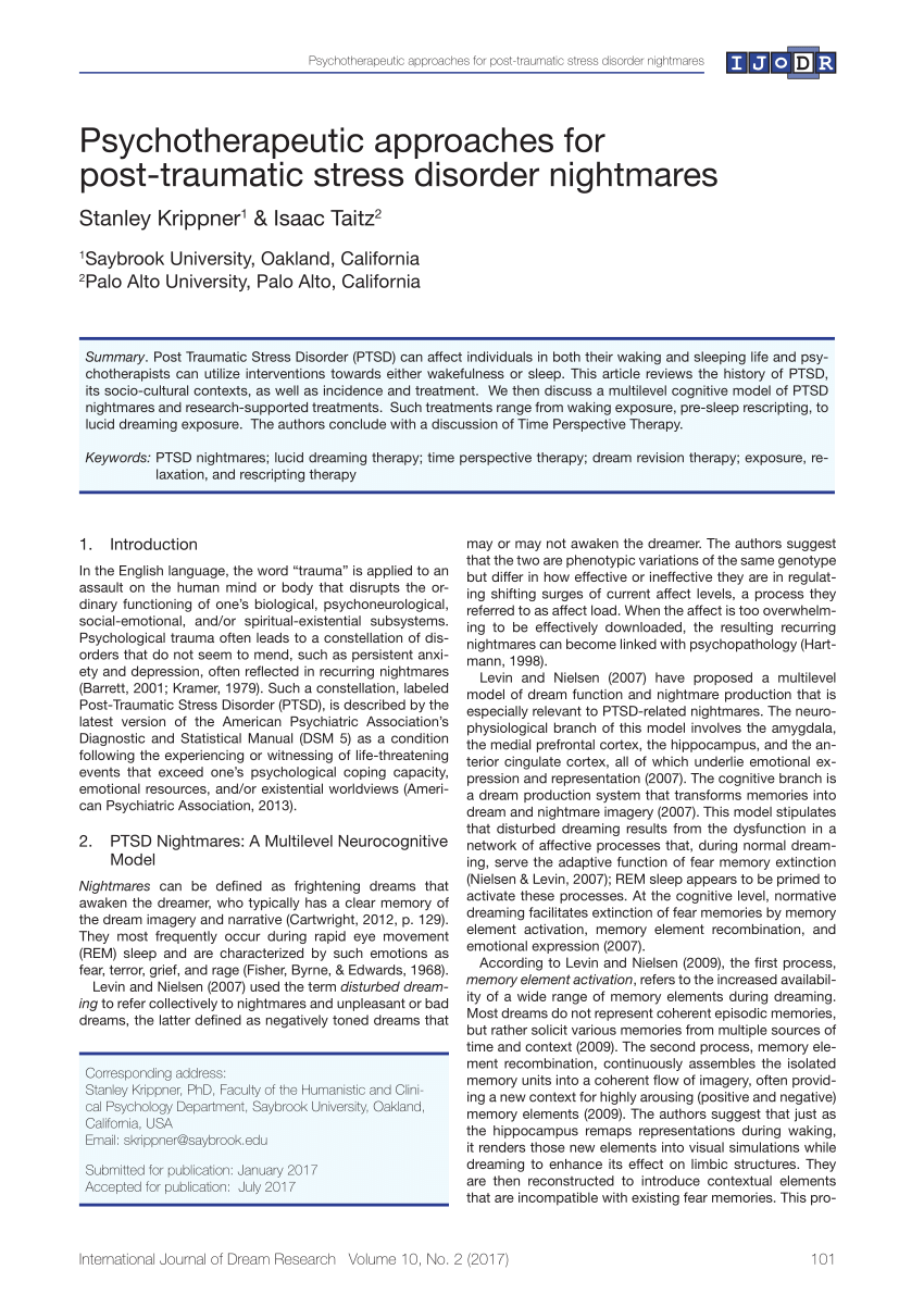 Pdf Psychotherapeutic Approaches For Post Traumatic Stress Disorder Nightmares