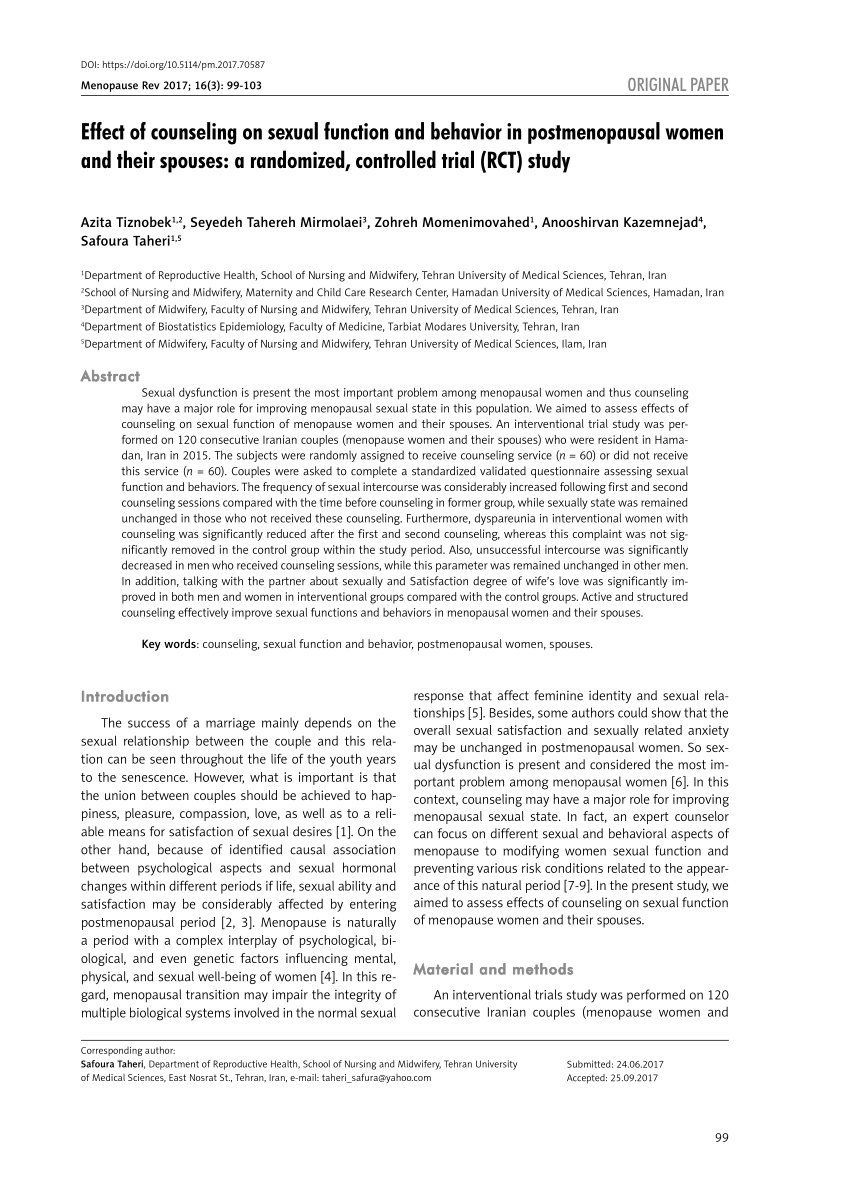 Pdf Effect Of Counseling On Sexual Function And Behavior In Postmenopausal Women And Their 6187