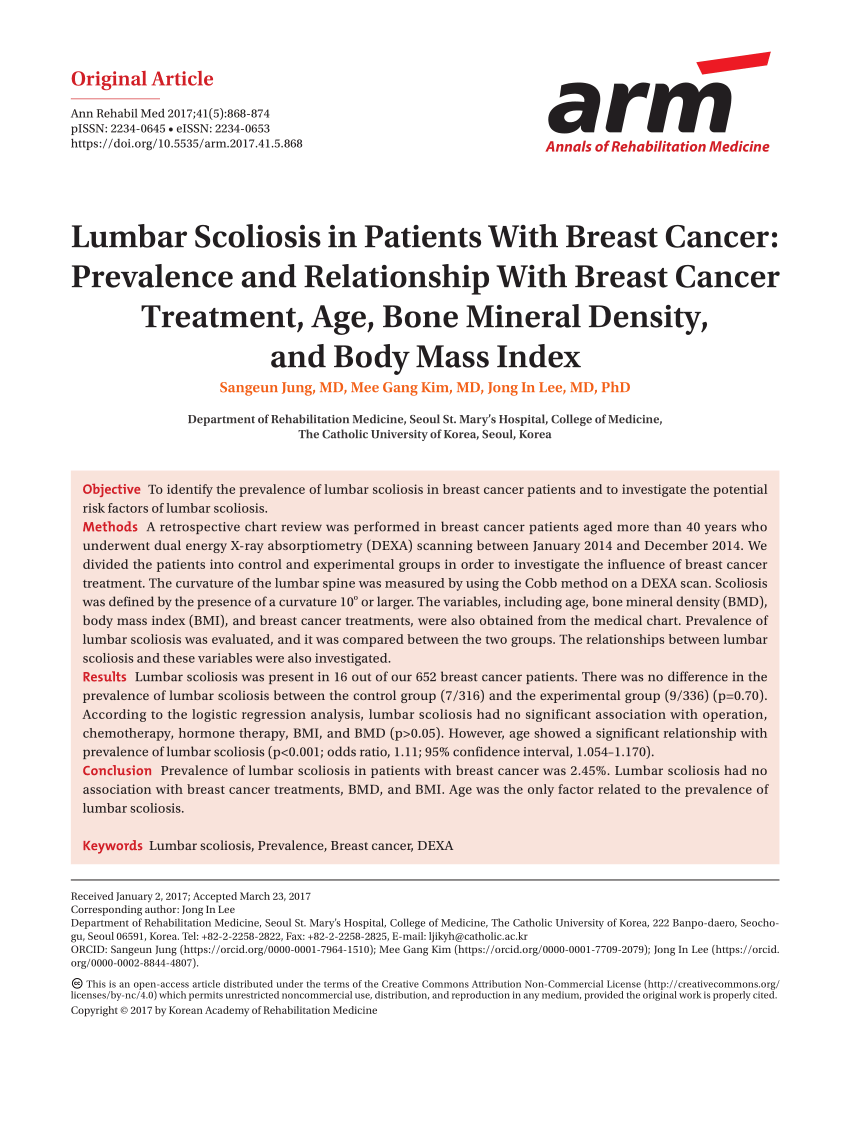 PDF) Lumbar Scoliosis in Patients With Breast Cancer: Prevalence and  Relationship With Breast Cancer Treatment, Age, Bone Mineral Density, and  Body Mass Index