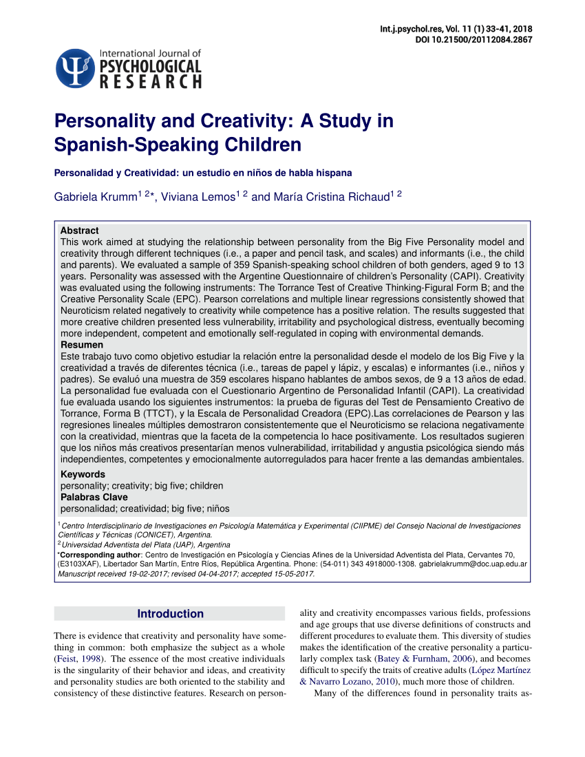 Pdf Personality And Creativity A Study In Spanish Speaking Children