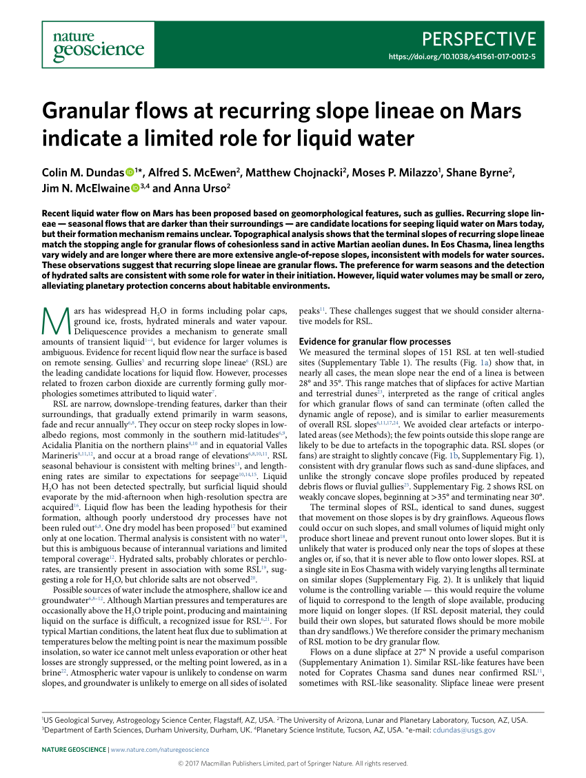 Pdf Granular Flows At Recurring Slope Lineae On Mars Indicate A Limited Role For Liquid Water