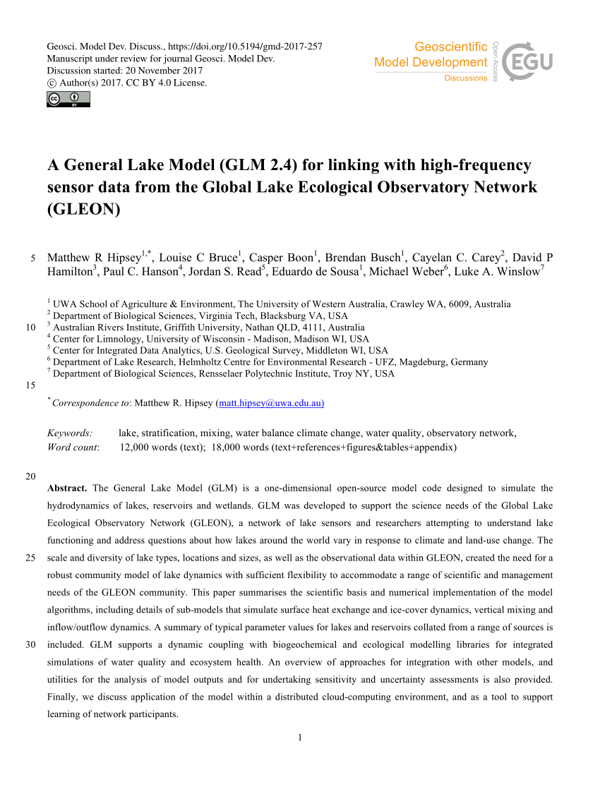 Pdf A General Lake Model Glm 2 4 For Linking With High Frequency Sensor Data From The Global Lake Ecological Observatory Network Gleon