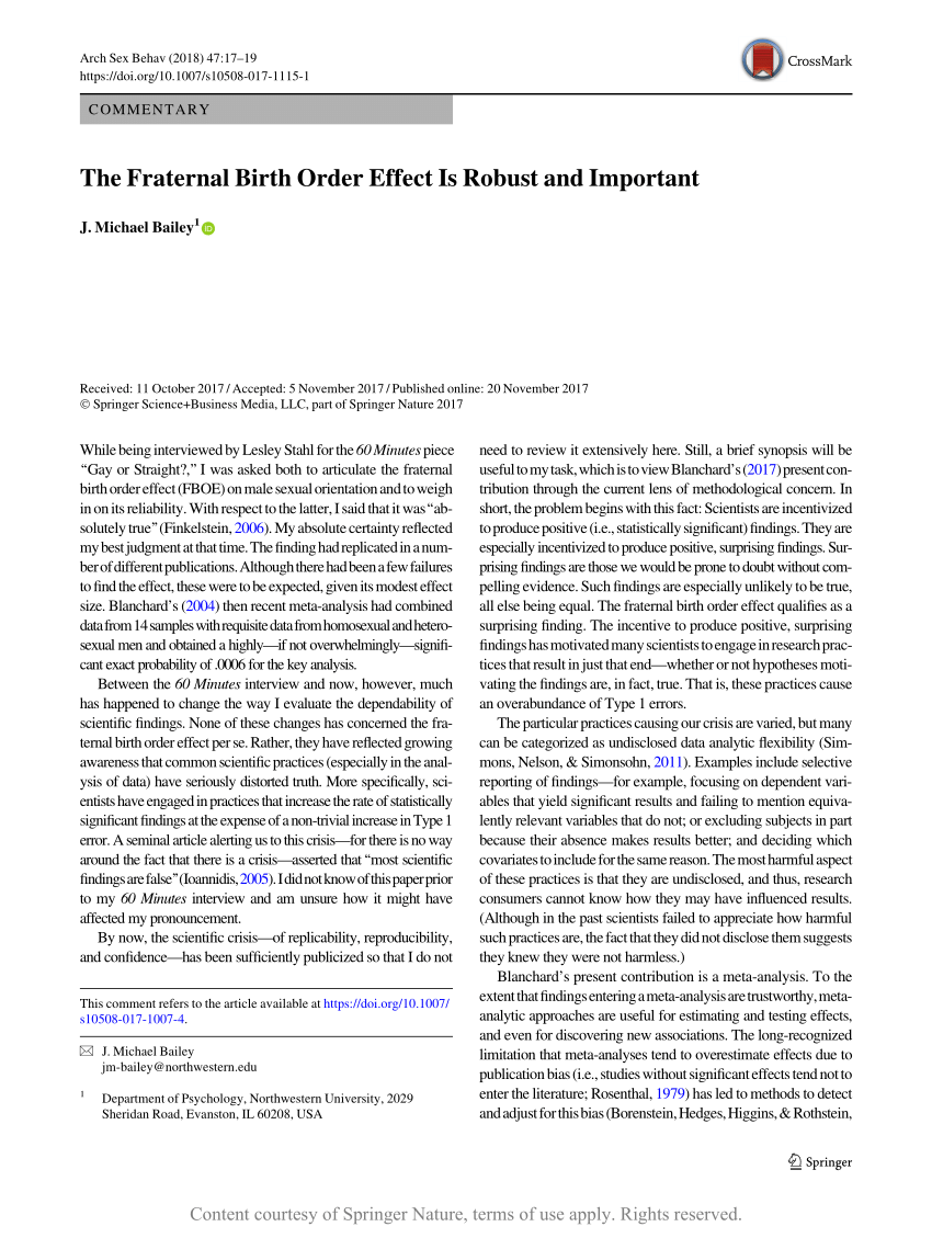 The Fraternal Birth Order Effect Is Robust And Important Request Pdf 7415