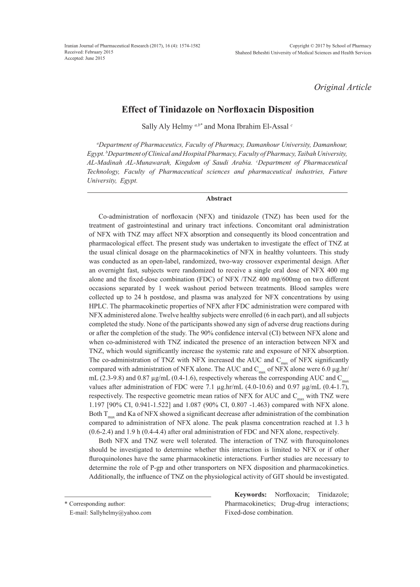 Pdf Effect Of Tinidazole On Norfloxacin Disposition