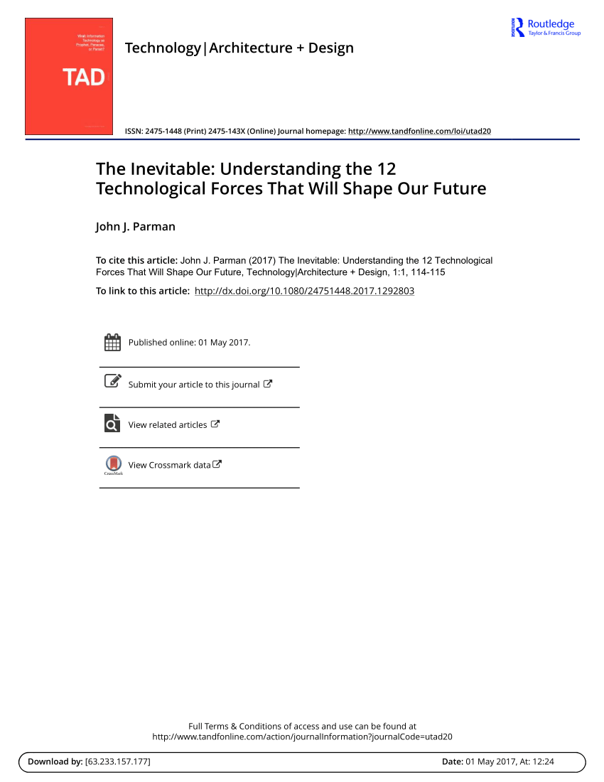 PDF) The Inevitable: Understanding the 12 Technological Forces That Will Shape  Our Future: Kevin Kelly, Viking, 2016, 336 Pages, $28.00 (paperback)