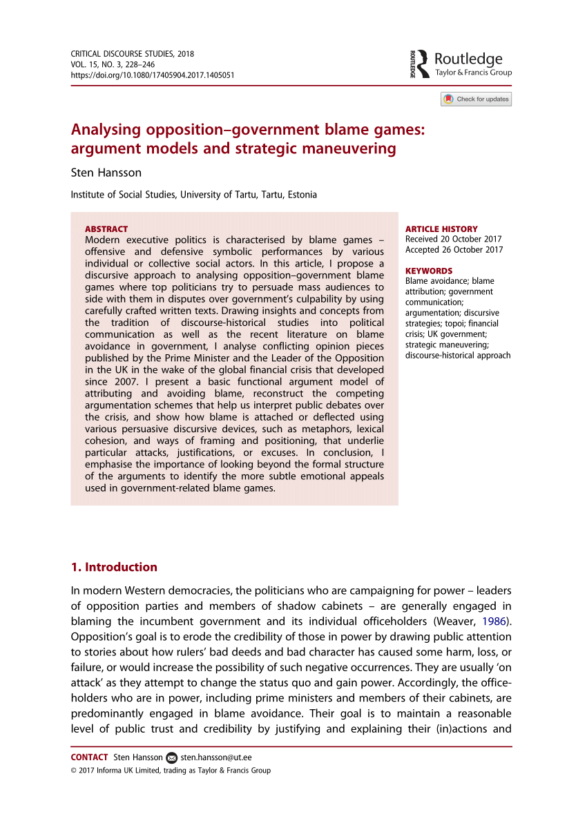 Pdf Analysing Opposition Government Blame Games Argument Models And Strategic Maneuvering