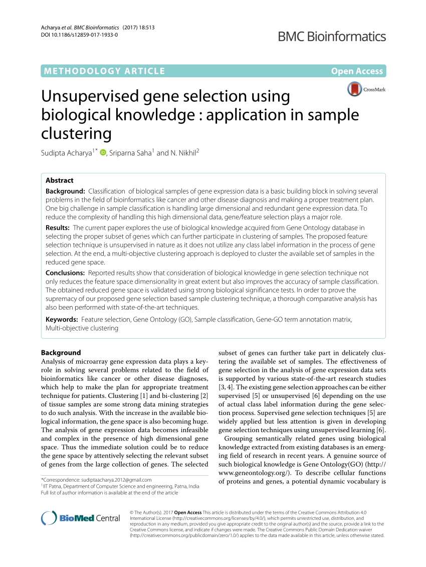 Pdf Unsupervised Gene Selection Using Biological Knowledge Application In Sample Clustering 0414