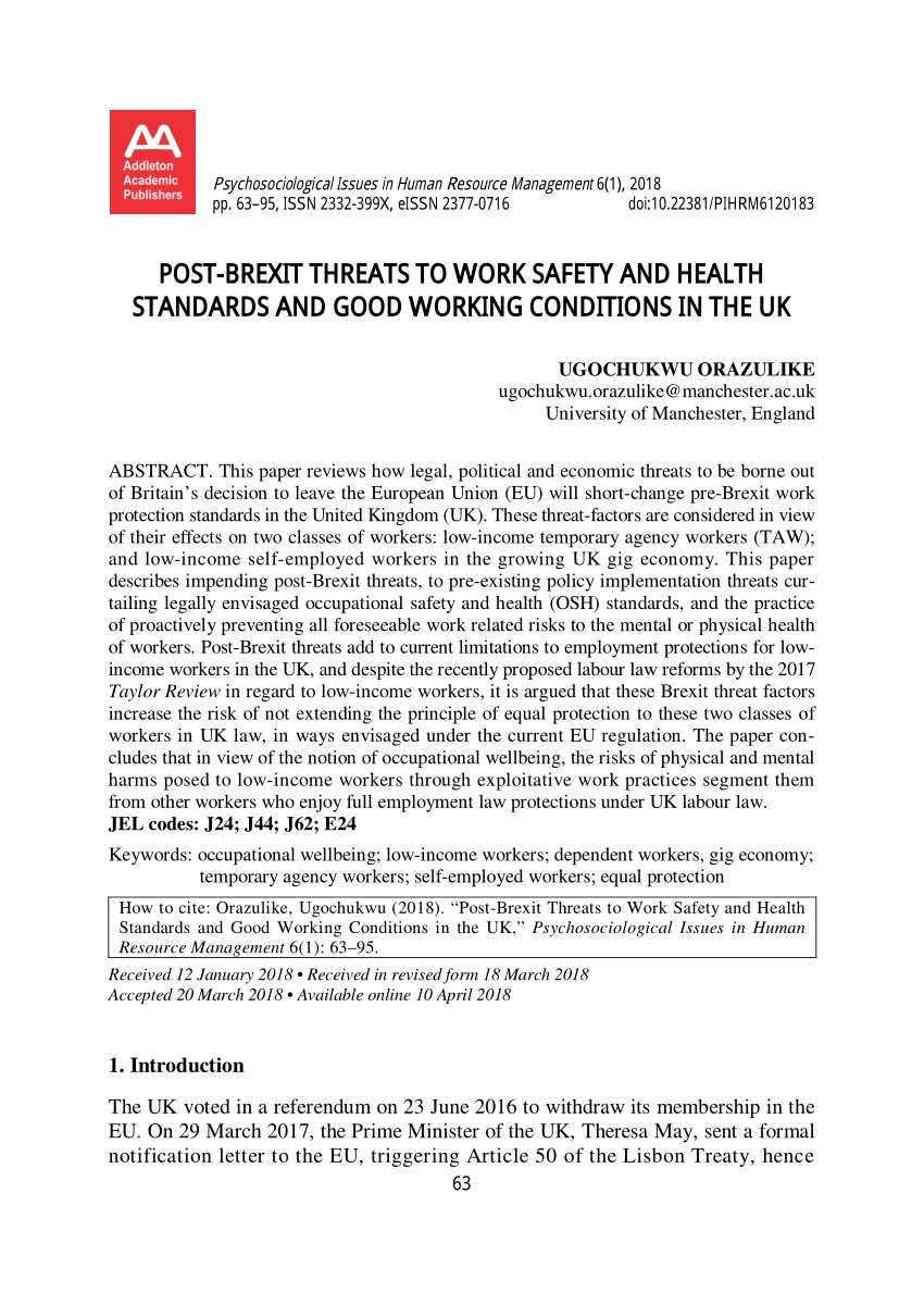 Pdf Post Brexit Threats To Work Safety And Health Standards And Good Working Conditions In The Uk
