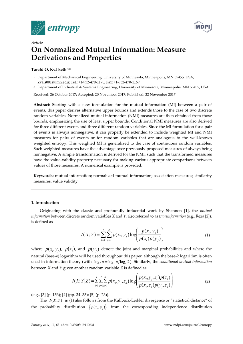 Pdf On Normalized Mutual Information Measure Derivations And Properties