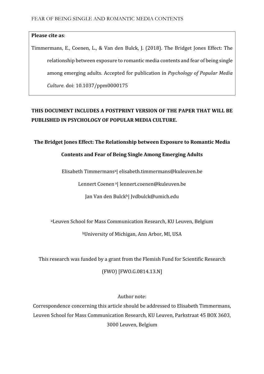 Pdf The Bridget Jones Effect The Relationship Between Exposure To Romantic Media Contents And Fear Of Being Single Among Emerging Adults