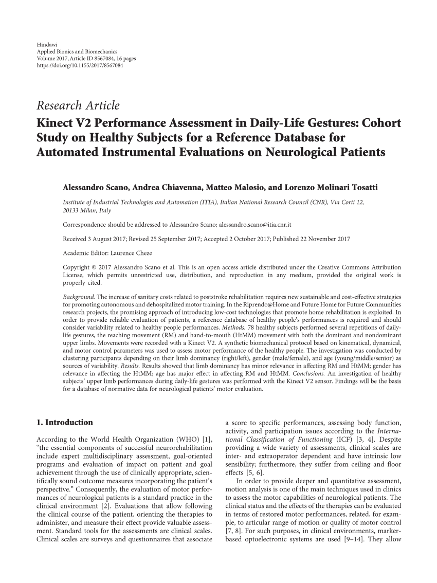 PDF) Kinect V2 Performance Assessment in Daily-Life Gestures