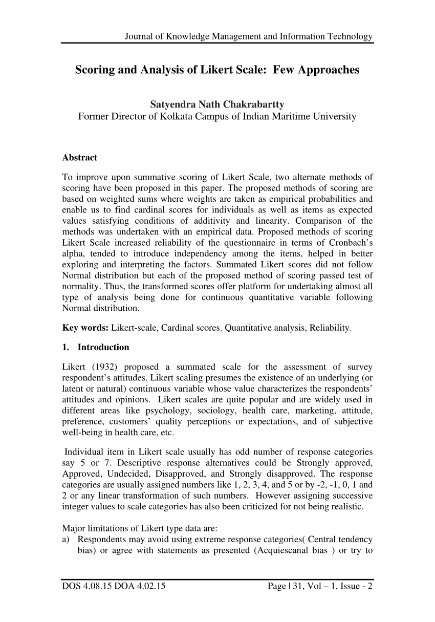 Pdf Scoring And Analysis Of Likert Scale Few Approaches