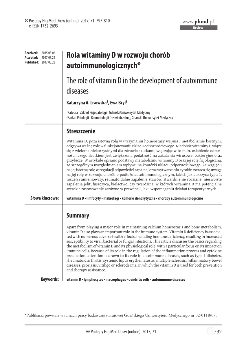 Pdf Rola Witaminy D W Rozwoju Chorób Autoimmunologicznych