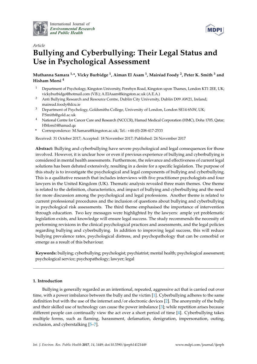 Pdf Bullying And Cyberbullying Their Legal Status And Use In Psychological Assessment