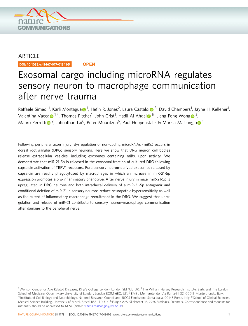 Poesi at føre Ass PDF) Exosomal cargo including microRNA regulates sensory neuron to  macrophage communication after nerve trauma