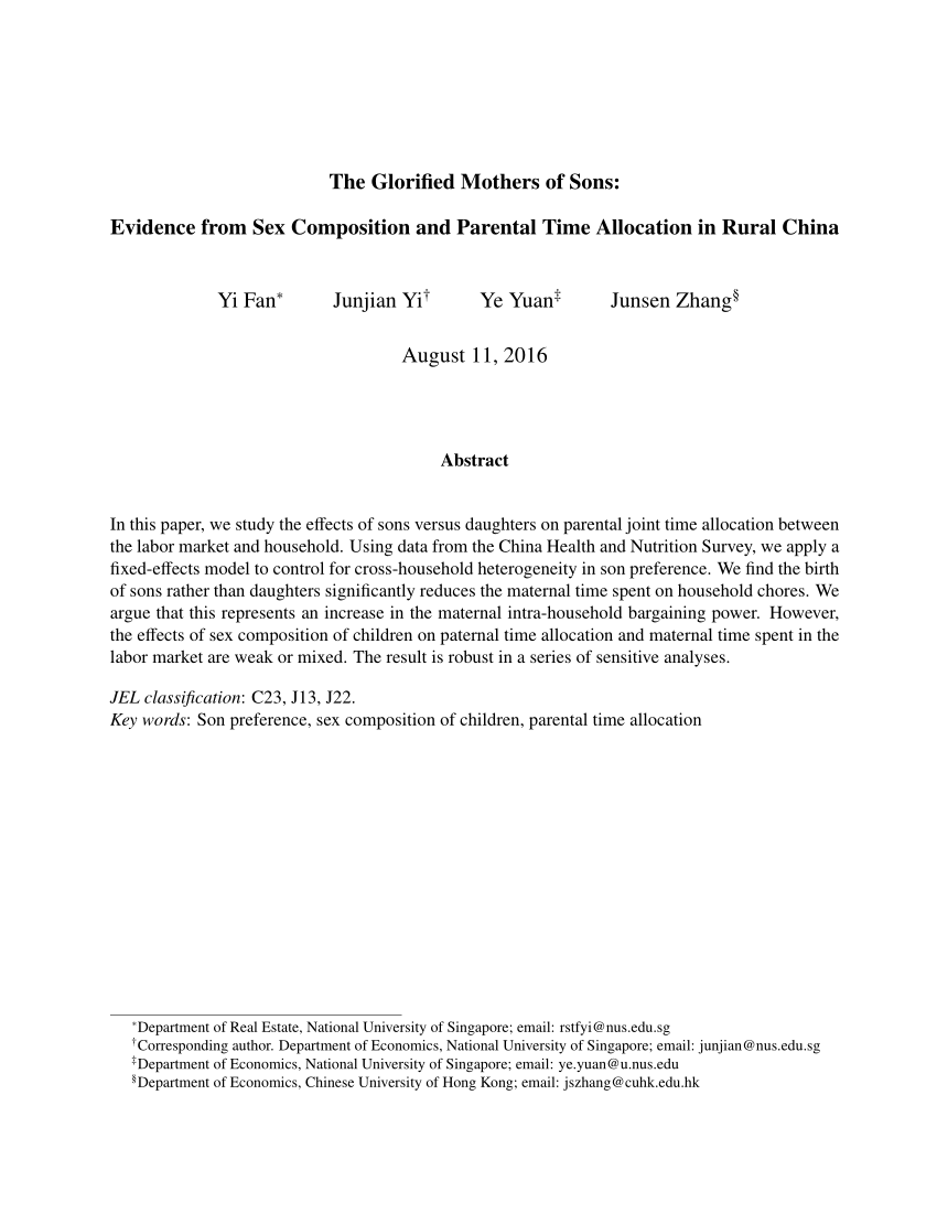 PDF) The Glorified Mothers of Sons: Evidence from Child Sex Composition and  Parental Time Allocation in Rural China