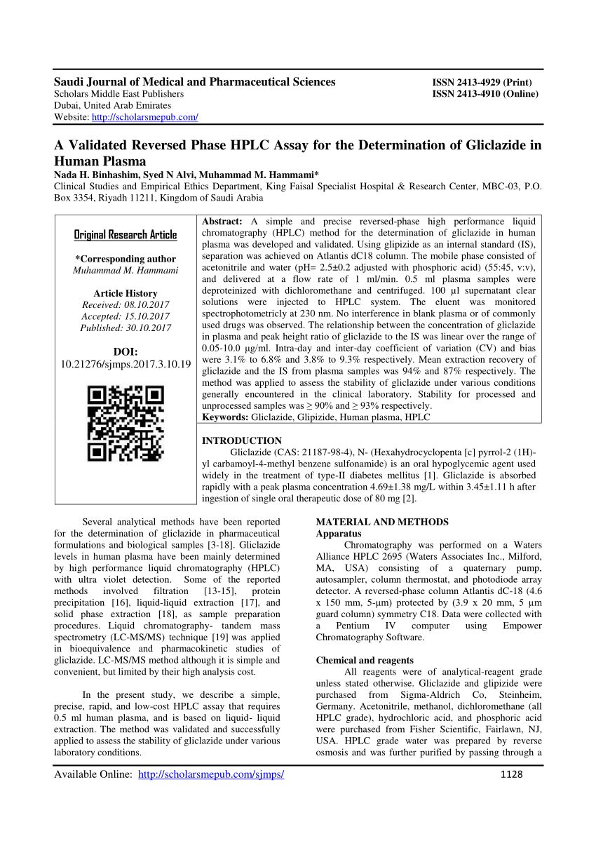 Pdf A Validated Reversed Phase Hplc Assay For The Determination Of Gliclazide In Human Plasma