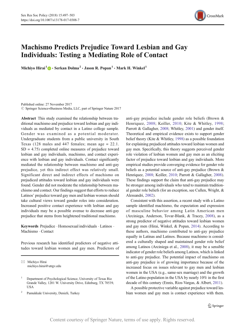 Machismo Predicts Prejudice Toward Lesbian and Gay Individuals: Testing a  Mediating Role of Contact | Request PDF