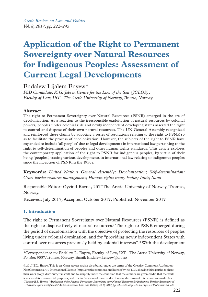 Pdf Application Of The Right To Permanent Sovereignty Over Natural Resources For Indigenous Peoples Assessment Of Current Legal Developments